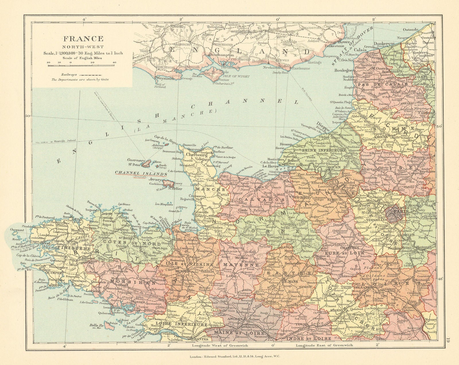 France North-West. Britanny Normandy Loire hauts de France. STANFORD c1925 map